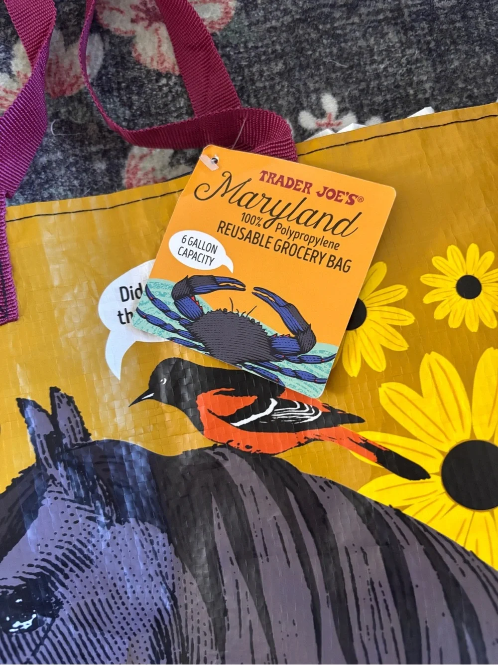 NWT Trader Joes Maryland Horse Reusable Tote Bag - Yellow & Purple